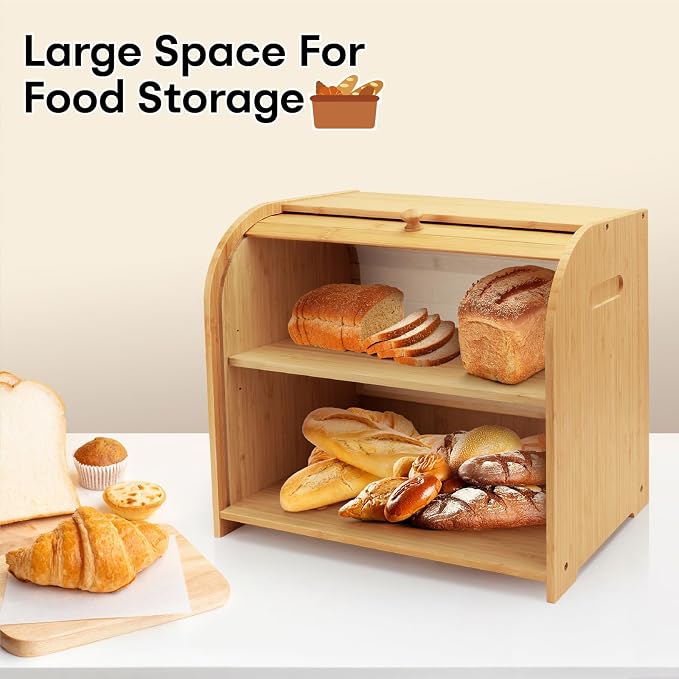Bread Box for Kitchen Countertop, Double Layer Bamboo Bread Storage Container for Homemade Bread, Roll Top Bread Box with 3 Adjustable Height for Kitchen Counter, Natural Breadbox Organizer | 3 Adjustable Height, Large Capacity, Bamboo Bread Storage Co... - Image 3