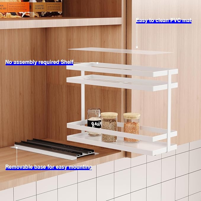 Mustorn Pull Out Spice Rack Organizer for Cabinet, 2 Tier Metal Slide Out Seasoning Organizer and Storage Heavy Duty Vertical Spice Rack Shelf Pullout for Kitchen Cabinets No Drilling(1 Pack, White) - Image 7