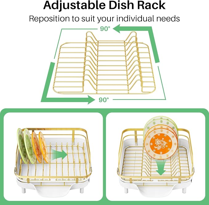 SAYZH Expandable Dish Drying Rack for Small Kitchen Counter, Gold | Stainless Steel, Protective Guardrail, Angled Drainboard, Fits High-Rim Sinks, Removable Utensil Holder - Image 8