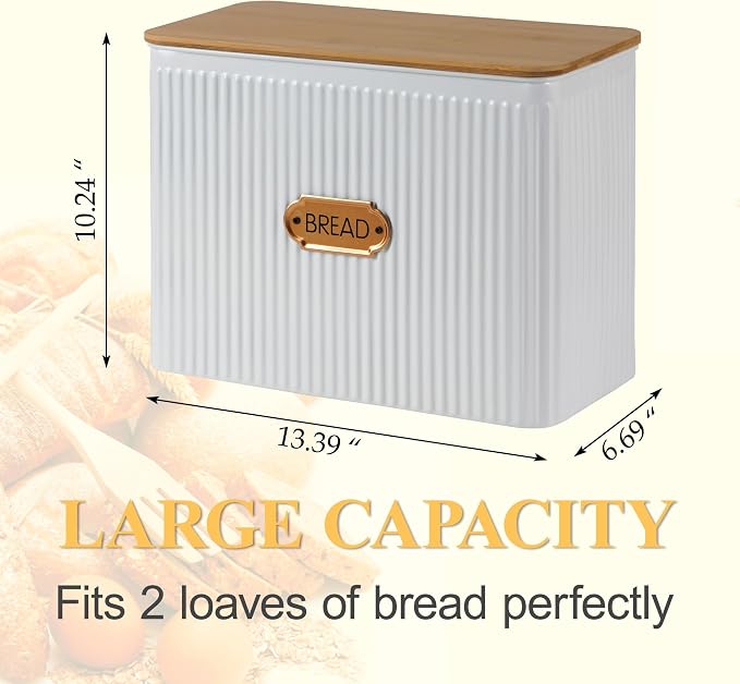 Extra Large Vertical Stripe Embossed Bread Box with Bamboo Lid | Corner Breadbox for Homemade Bread, White Metal Bread Storage Container Bin for Kitchen Countertop, Fits 2 Loaves of Bread - Image 6