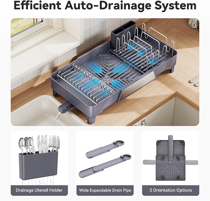 Urackify Large Dish Drying Rack, Expandable Dish Drainer, Gray | Extendable 16.3" to 23.6" L, with Drainboard & Utensil Holder, Anti-Rust, Fits Any Sink, High capacity, Easy to Install - Image 7