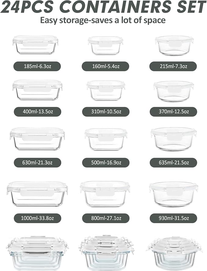 VERONES 12 Packs Glass Food Storage Containers Set with Lids, White | Airtight Glass Lunch Containers, Glass Meal Prep Containers with Lids, for Microwave, Oven, Freezer & Dishwasher Friendly - Image 2