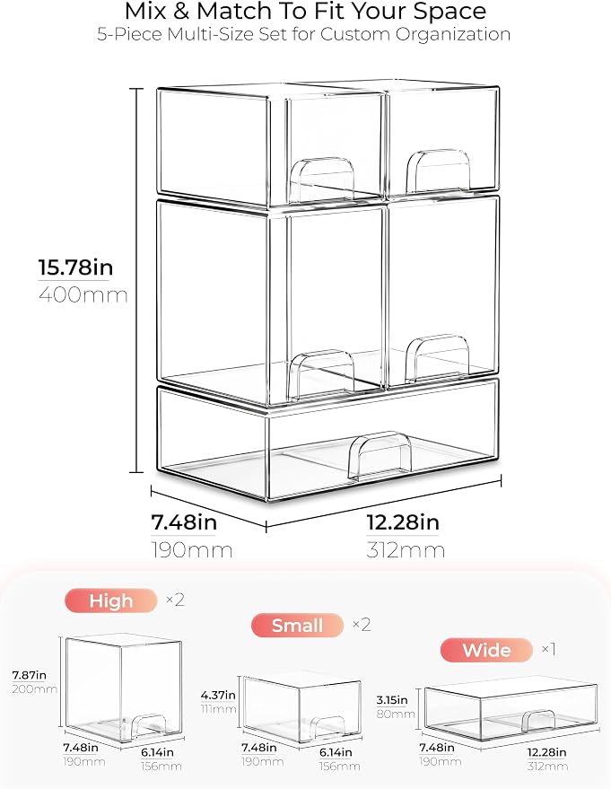 Stackable Storage Drawer Organizers Set of 5 for Bathroom Organizer Storage | Clear Plastic Organizer Bins for Baby Bottle, Kitchen Under Sink, Laundry, Pantry, Beauty, Cabinet, Medicine, Office Supplies - Image 2