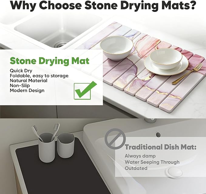 Stone Dish Drying Mat for Kitchen Counter - 24" x 16" Ultra Absorbent Diatomaceous Earth Mat, Foldable Fast Drying Countertop Protector, Non-Slip Eco-Friendly Stone Mat for Dishes - Image 5