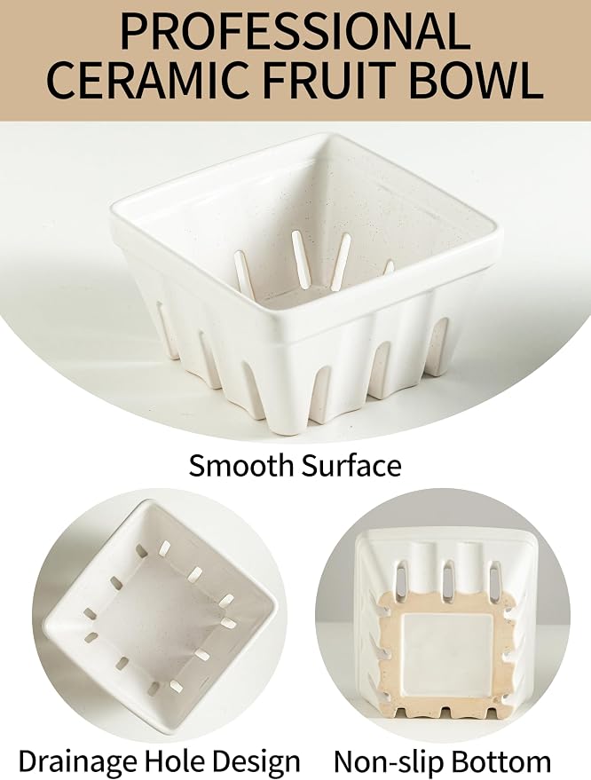 Gomakren Fruit Bowl with Holes, Ceramic Berry Basket Set of 2, 5.7 Inch Square Fruit Basket for Kitchen Counter, Rustic Berry Containers, Farmhouse Kitchen Decor - Cream White - Image 3