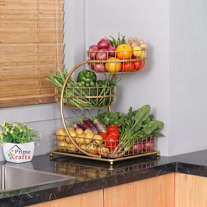 3 Tier Fruit Basket Bowl for Home and Kitchen | Countertop Metal Wire Kitchen Storage Basket for Fruits, Vegetables and Snacks - Gold - Image 2