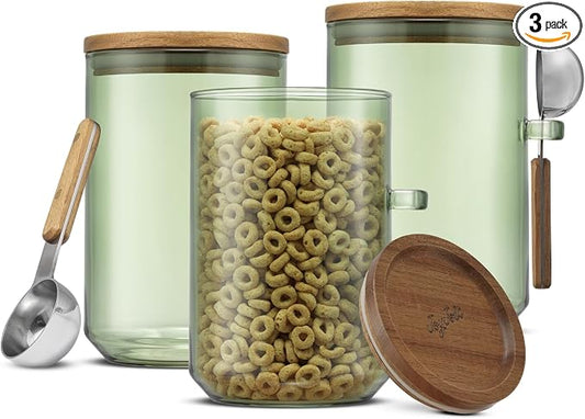 JoyJolt Holden 32oz Stackable Glass Storage Containers with Lids and Scoops, Airtight Food Canister Set of 3 w/Acacia Wood Lids, Round Stacking Pantry and Kitchen Containers w/Scoop | Sage Green by JoyJolt