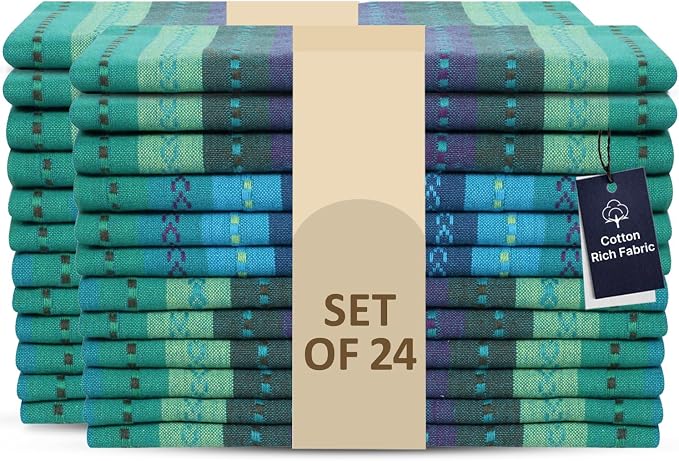 LFH Home Cotton Rich Cloth Salsa Napkin Set of 24 Washable Soft Durable Striped Table Napkins for Dining Wedding, Daily Use Reusable Eco-Friendly Napkins for Elegant Table Settings(18x18)-Teal by LFHHomePrivateLimited