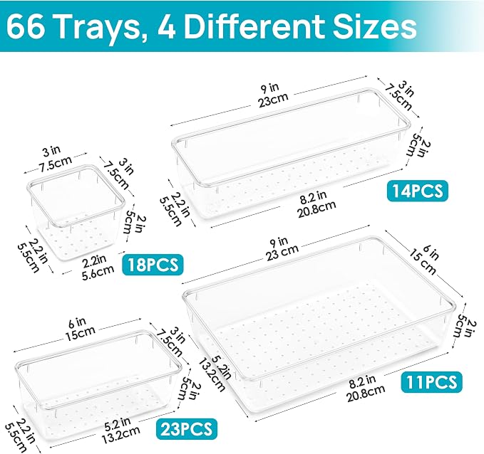 Vtopmart 66 PCS Clear Plastic Drawer Organizers Set, Vanity Organizer Trays | 4-Size Versatile Makeup Organizer, Non-Slip Storage Containers for Makeup, Jewelries, Bedroom，Kitchen Utensils and Office - Image 6