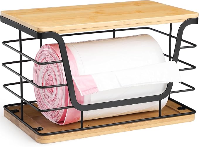 ALOCEO Large Wire Basket for Kitchen Pantry, Stainless Steel Kitchen Counter Organizer for Potato Onion, Trash Bag Dispenser Under Sink with Bamboo Top, Black by ALOCEOWallHooksAdhesive