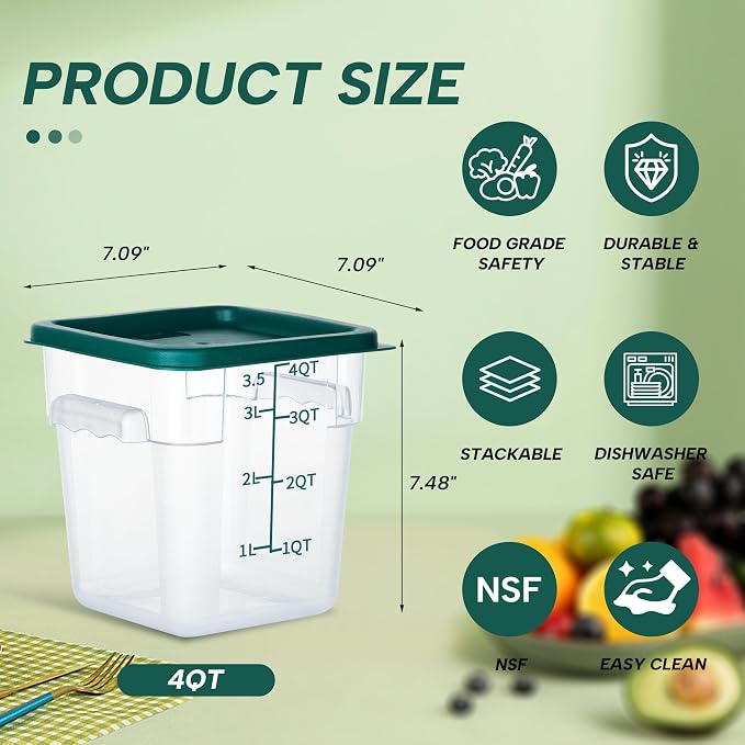 4 Pack 4QT Square Food Storage Containers with Lids | Clear NSF polycarbonate containers with scale, label and measuring cup, stackable for prep, storage, freezer. Dishwasher safe - Image 3