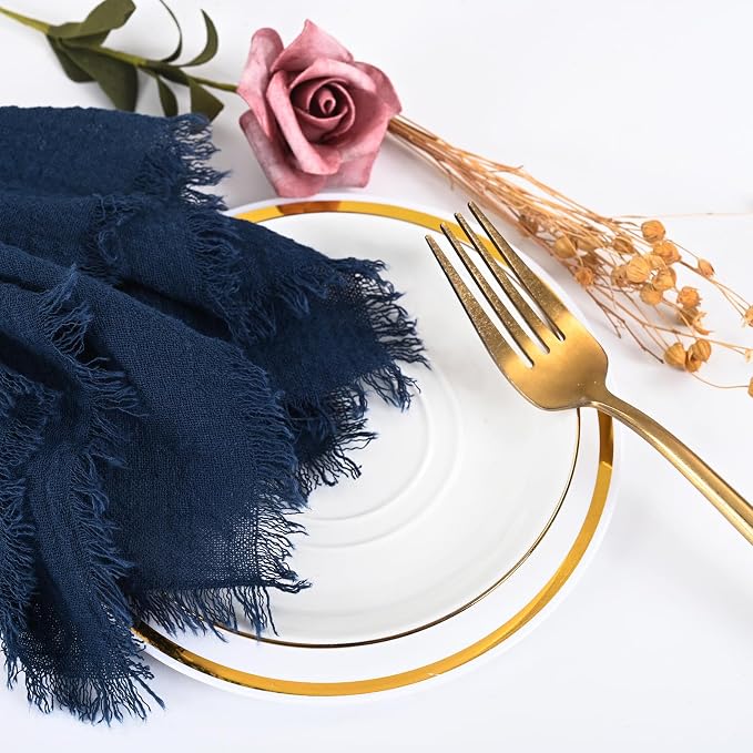 50 Pack Navy Blue Cloth Napkins, 16 x 16 Inch Cotton with Fringe Settings | Handmade washable reusable cotton dinner napkins in bulk for weddings, parties, rustic boho table settings - Image 6
