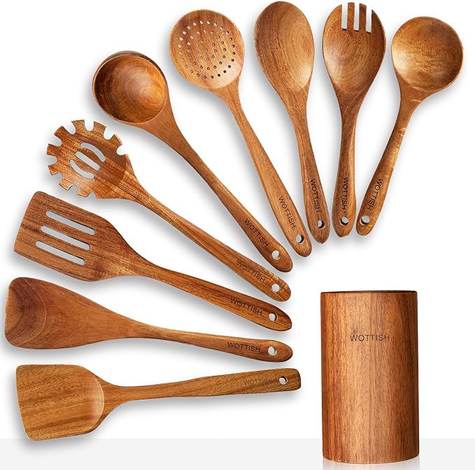 Wooden Spoons for Cooking,Wooden Cooking Utensil Set,10-Piece Wooden Kitchen Utensil Set with Wooden Spoons(A10) by WOTTISH