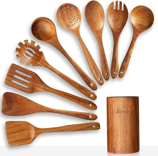 Wooden Spoons for Cooking,Wooden Cooking Utensil Set,10-Piece Wooden Kitchen Utensil Set with Wooden Spoons(A10) by WOTTISH