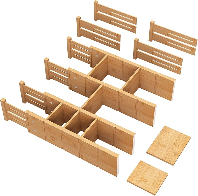 4.4" High Bamboo Drawer Dividers with Inserts, Kitchen Adjustable Drawer Organizers, Expandable Organization for Home, Office, Dressers, and Bathroom, 4 Divider with 8 Insert - Image 8