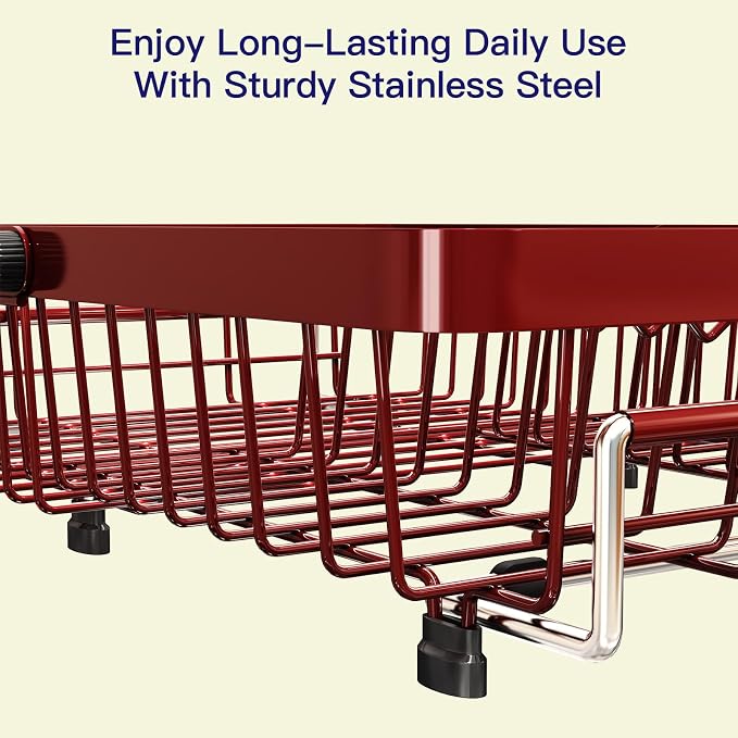 Red Dish Drying Rack Over The Sink with Utensil Holder | Expandable Stainless Steel Dish Drainer for Small Kitchen, Apartment, RV, Counter Space Saving, Perfect Fit, Rustproof - Image 5