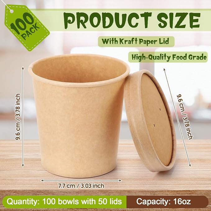 Fulmoon 100 Pack Paper Soup Containers with Lids Disposable Paper Food Containers with Vented Lid Kraft Ice Cream Cake Dessert Cups Soup Bowl for Party Hot Food Fruit Microwave(16 oz,Brown) - Image 2