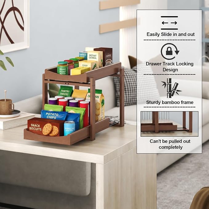 MHXW SXPN Bamboo Under Sink Organizer, 2 Pack Pull Out Cabinet Organizer | 2 Tier Vertical Smooth Slide Out Undersink Storage Shelf | Multi-Purpose Organizer Shelves for Kitchen Bathroom Medicine - Image 4