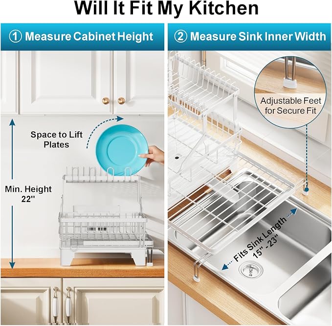 Large Expandable 2 Tier Dish Drying Rack - Over Sink & Counter Use | Extendable Drying Space, Auto-Drain Spout, Stable Screw-Fixed Frame, Cup & Utensil Holder, Rust-Resistant Kitchen Rack, White - Image 7