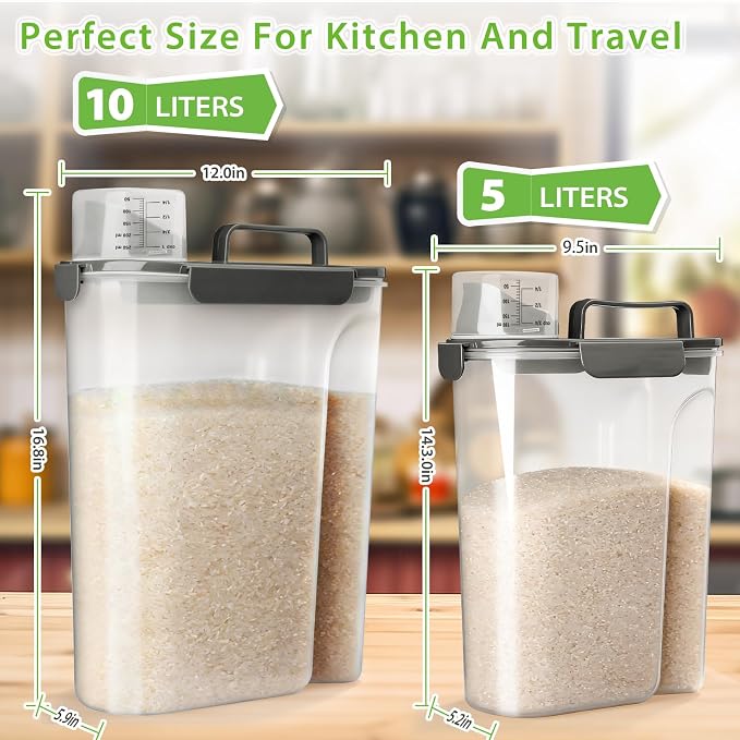 Viretec Rice Storage Container, 15 to 20lb Dry Food Airtight Dispenser, Pet Dog Cat Food Canister, BPA Free Clear Plastic Kitchen and Pantry Bin for Oatmeal, Cereal, Pasta, Flour Pack of 2 Grey - Image 3