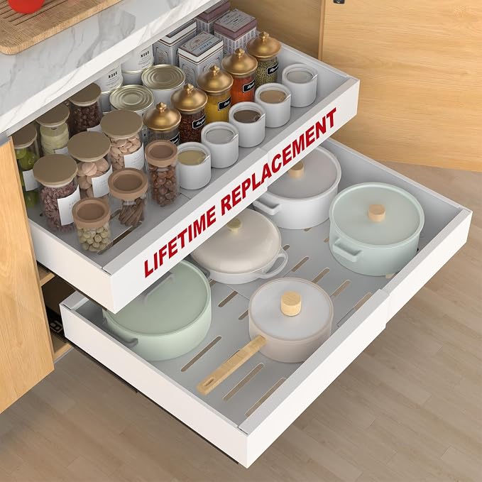 1-Pack Expandable Pull Out Cabinet Organizer 16.5"Deep(12.2"-20.5"W), 3 Full Extension Glides Slide Out Drawers, Roll Out Shelves Adhesive Raising Pad,Compatible Framed Cabinets,90lb Cap,White by ANTOWIN