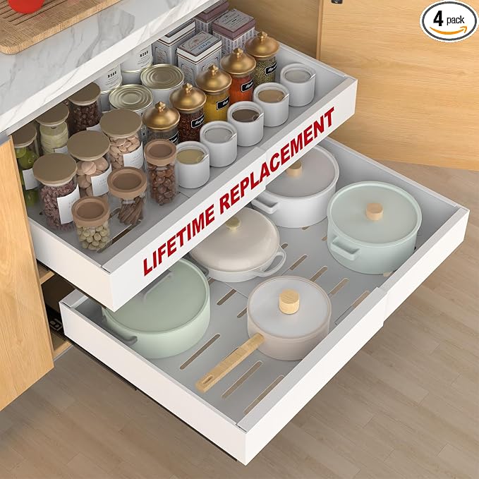 Expandable Pull Out Cabinet Organizer, 3 Full Extension Glides Slide Out Drawers, Roll Out Shelves Adhesive Raising Pad, Compatible Framed Cabinets (21" D x 12.2"-20.5" W(4Pack) White) by ANTOWIN