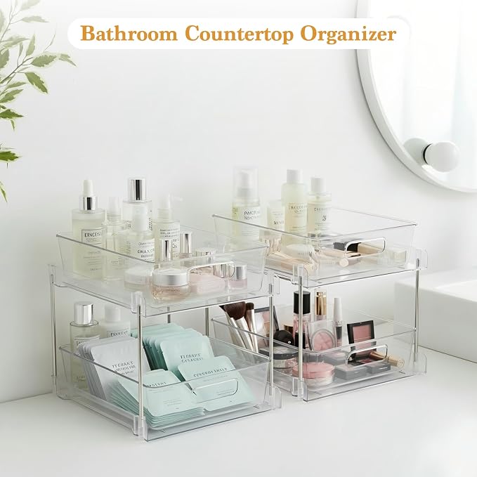 4 Pack Bathroom Organizers and Storage, 2-Tier Clear Under Sink Organizer, Vanity Counter Storage, Medicine Cabinet Organization, Pull-Out Cabinet Organizer With Track For Bathroom, Kitchen, Pantry - Image 5