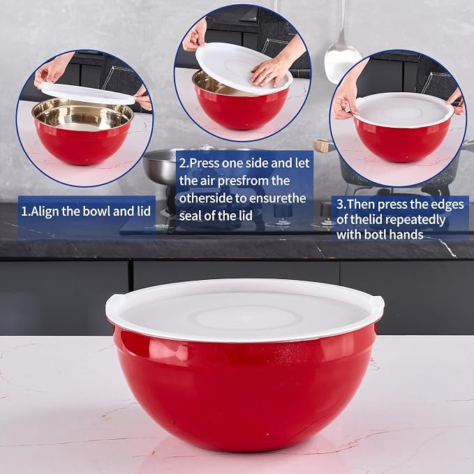 Red Mixing Bowls With Airtight Lids,Stainless Steel Bowl,Salad Bowls 7 Piece Colorful Nesting Bowl Red Kitchen Accessories,Size 7,3.6,2.7,2.1,1.5,1.1,0.8QT Stackable Design - Image 3