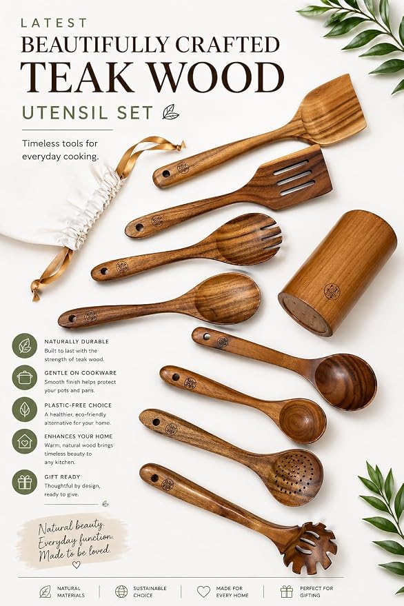Wooden Cooking Utensils Set – Coki Home 9-Piece Teak Wood Kitchen Utensils with Holder, Nonstick Safe, Plastic-Free, Food-Safe Cooking Tools - Image 7