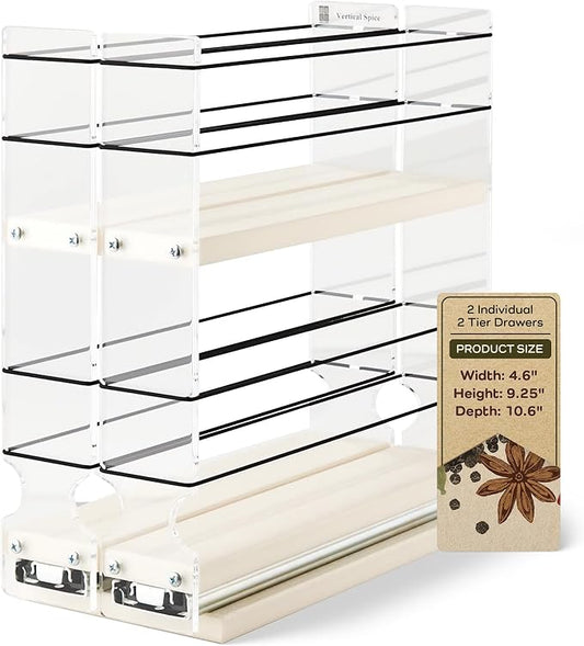 Narrow Pullout Spice Rack - Sliding Drawer for Kitchen Organization - Pantry Organizers and Storage - 2 Drawers & 2 Tiers - 10 Spice Jar Capacity (4.6" W x 9.25" H x 10.6", Cream) by VerticalSpice