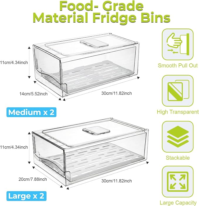 4Pack Fridge Organizer, Stackable Refrigerator Organizer Bins, Reusable Food Storage Containers, BPA-Free with Drain Tray for Bathroom, Kitchen, Refrigerator, Pantry (4 Drawers, Large, Medium) - Image 3