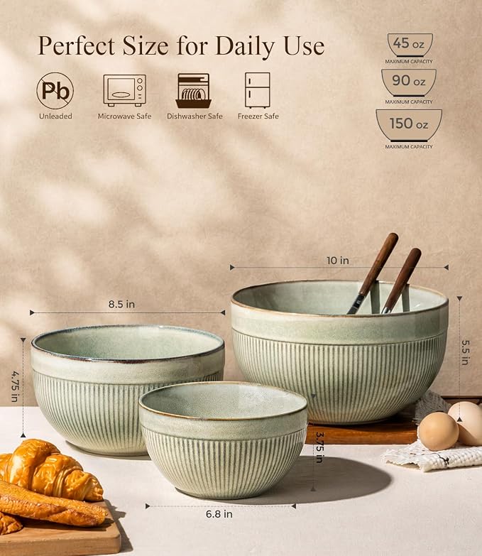 GBhome Ceramic Mixing Bowls Set of 3, Stoneware Nesting Serving Bowls, | 45/90/150 oz For Prep, Baking, Serving, Gift, Microwave and Dishwasher Safe, Ribbed Dishware Collection,Desert Sage - Image 3