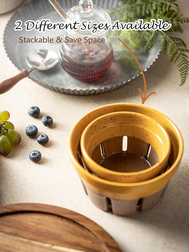 Gomakren Ceramic Berry Bowls with Holes Set of 2 for Fridge Yellow + Brown | Drain holes keep berries fresh, stackable, wash & serve, round strawberry basket for fridge kitchen counter, lovely home gift - Image 6