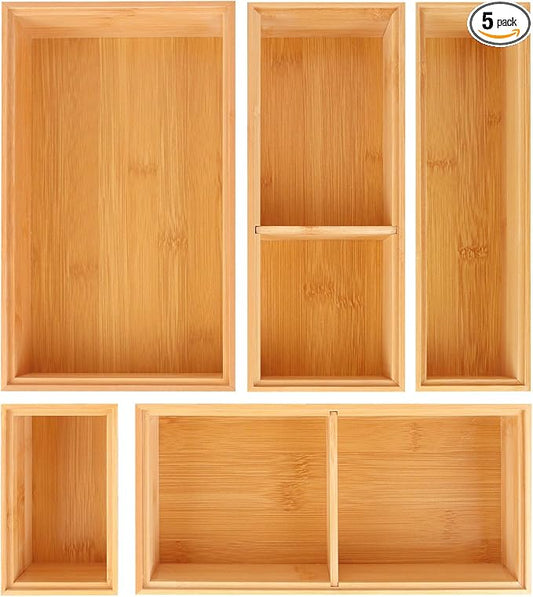 Bamboo Drawer Organizer,5 PCS Silverware Organizer & Kitchen Organizers and Storage,Utensil Drawer Organizer With Removable Dividers for Kitchen,Utensils,Bathroom,Office,Makeup(Natural) by Bxngjuj