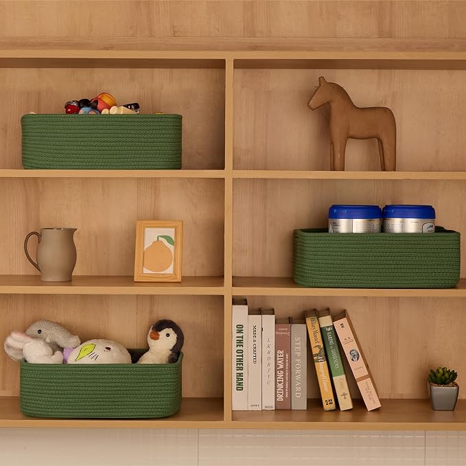 MiniArk Large Shallow Organizing Baskets 15x11x5.1 Inches - Rope Woven Storage Bins for Bathroom, Shelves, Cube Closet, Green 2 Packs - Image 3