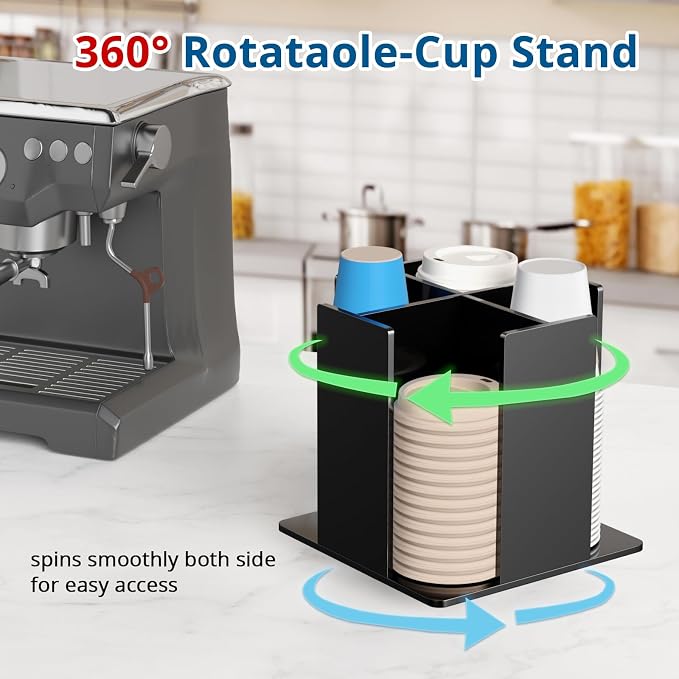 KOTEMON Cup and Lid Holder, 4 Compartment, Square | Rotating Coffee Cup Dispenser Lid Carousel for Restaurant, Buffet, Coffee Station, Bar, Countertop, Black Acrylic - Image 2