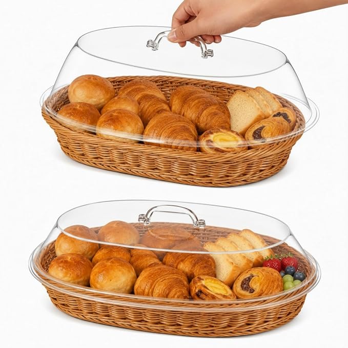 Hushee 2 Set Imitation Rattan Bread Basket with Lid Wicker Bread Baskets for Serving Woven Fruit Basket with Cover Oval Food Baskets for Food Vegetables Display(13.78 x 9.84 Inch, 15.75 x 11.81 Inch) by Hushee