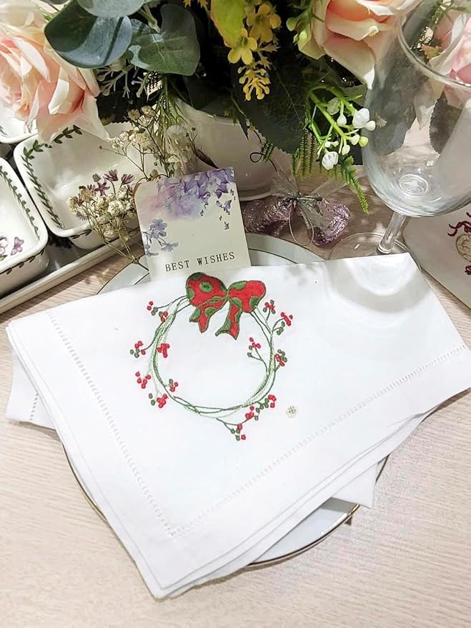 Embroidered Cloth Napkin Red Bow & Berry Wreath Christmas Cotton Napkins Set of 6, 20 x 20 Hemstitch Table Napkins, Machine Washable, Daily & Holidays, Great Gift Ideas - Image 7