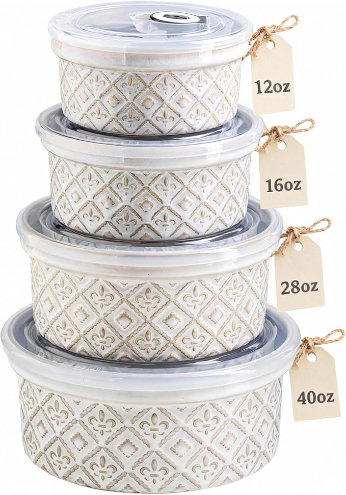 Airtight Food Storage Containers with Lids Mixing Bowls Set, Ceramic Serving Bowls with Lids Set of 4, 12/16/28/40 oz Stackable Nesting Salad Bowls for Cooking, Baking, Ramen - Beige by MISSYSSIM