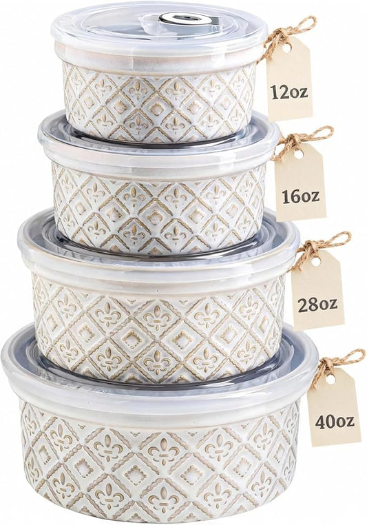 Airtight Food Storage Containers with Lids Mixing Bowls Set, Ceramic Serving Bowls with Lids Set of 4, 12/16/28/40 oz Stackable Nesting Salad Bowls for Cooking, Baking, Ramen - Beige by MISSYSSIM
