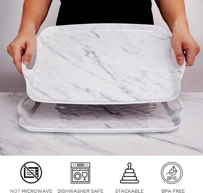 TP Melamine Serving Trays with Handles, 19" x 12", Set of 2, White Marble | Large Rectangular Trays, Serving platters, Turkey and Party Serving, Lightweight, Break-resistant - Image 2