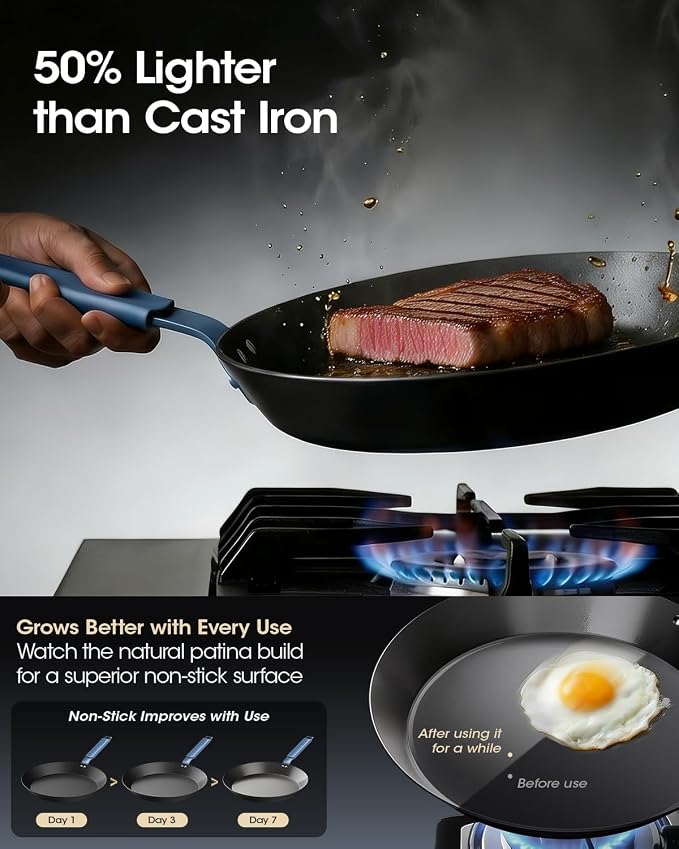 Carbon Steel Frying Pan Set, 10 & 12 Inch Nitrided Skillets | Multiple Cooking Sizes with Natural Patina Development; Ideal for Daily Cooking & High-heat Recipes - Image 7