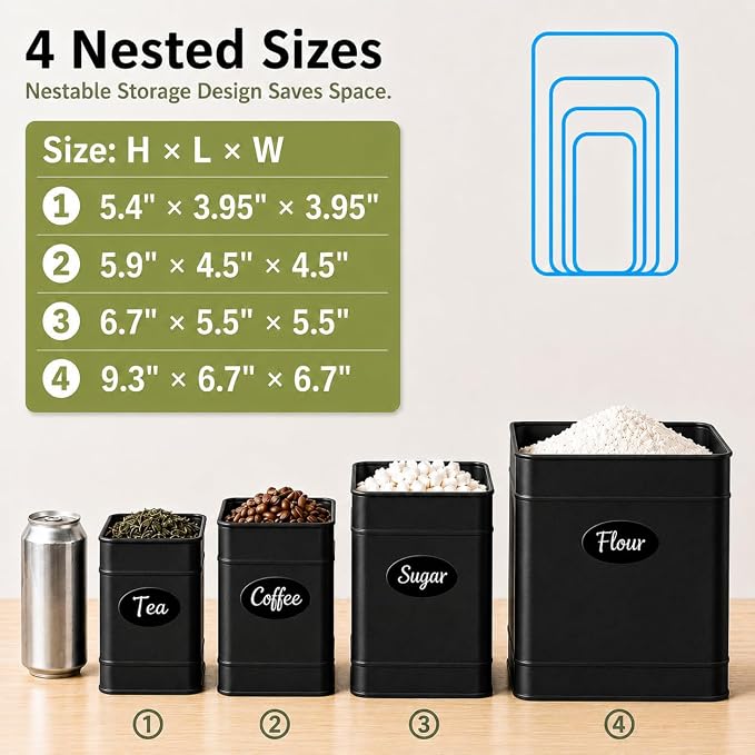 Kitchen Canisters Sets of 4 - Metal Flour Sugar Storage Containers Set for Countertop with Airtight Lids, Coffee Tea Black Canister Set with Customizable Chalkboard Labels & Marker Pen - Image 6