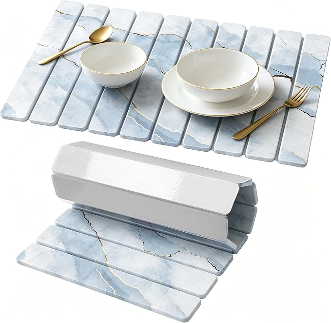 Stone Drying Mat for Kitchen Counter, Quick Diatomaceous Earth Mats for Dishes, 24"L x 16" W Super Absorbent Fast-Drying Collapsible Countertop Stone Mat (Marble White-09, 24" x 16") by Unknown