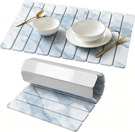 Stone Drying Mat for Kitchen Counter, Quick Diatomaceous Earth Mats for Dishes, 24"L x 16" W Super Absorbent Fast-Drying Collapsible Countertop Stone Mat (Marble White-09, 24" x 16") by Unknown