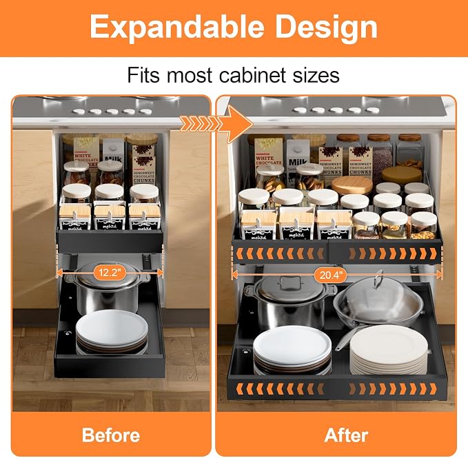 YJHome 1 Pack Pull Out Cabinet Organizer, No Drill Expandable Width 12"-20" & 21" Depth, Adhesive or Screw-In Installation, Magnetic Divider for Custom Storage, for Kitchen Pantry Bathroom Cabinet - Image 3