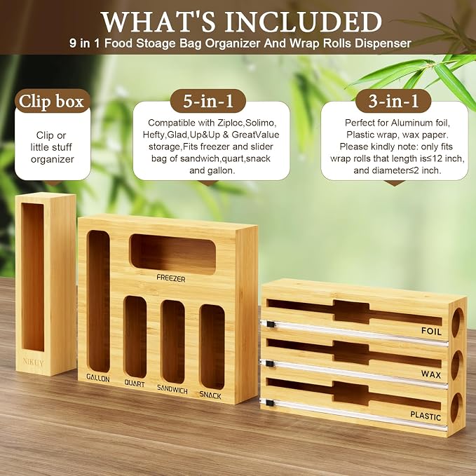 9 IN 1 Bamboo Foil and Plastic Wrap Organizer for Kitchen Drawer, Plastic Bag Organizer Organization and Storage, Food Storage Bag Organizer with Labels for Quart Gallon Snack Sandwich Bag - Image 6