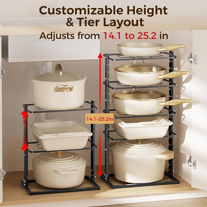LAMU Pots and Pans Organizer Under Cabinet, 5 -Tier Dual-Pillar Design | Adjustable All-Metal Rack Stores Pots, Pans And Lids in Cabinets, on Countertops or Under Sinks, Holding Up to 55 Lb Black - Image 4