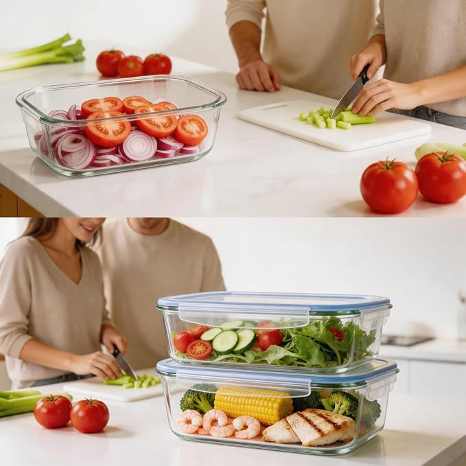 Liuruiyu 2 Pack 2260ml/76.4oz Glass Food Storage Containers with Lids, Meal Prep Containers, Airtight Bento Boxes with Leak Proof Locking for Microwave, Oven, Freezer and Dishwasher, BPA Free - Image 6