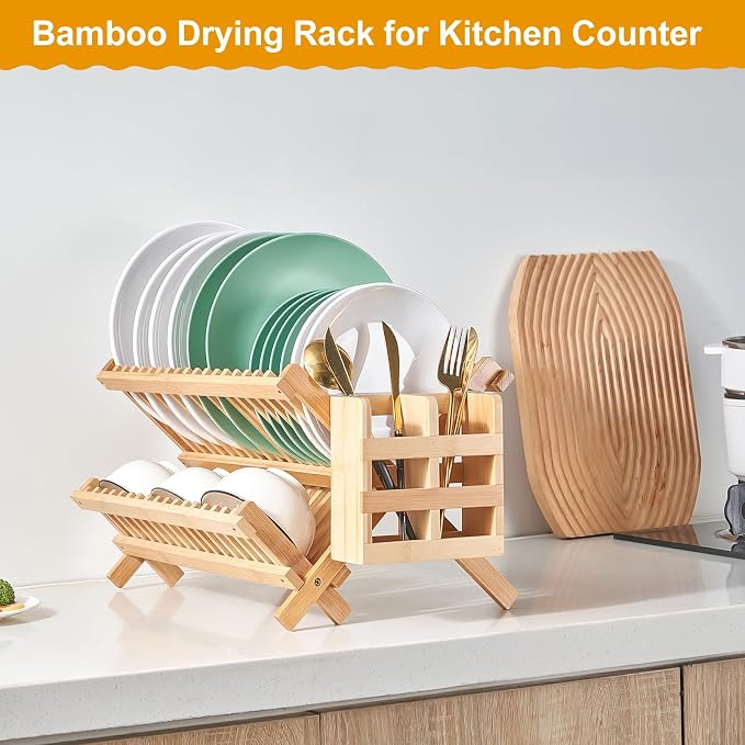 Bamboo Dish Drying Rack, 2 Tier Collapsible Dish Rack with Utensil Holder, Wooden Dish Drying Rack for Kitchen Counter, Large Folding Drying Holder, Dish Drainer 34 pcs Grid - Image 3